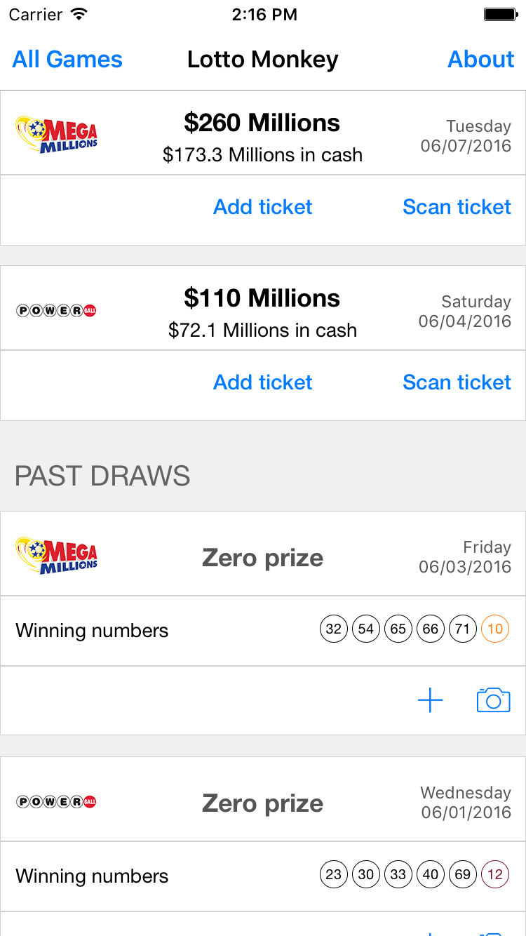 Lottery Ticket Scan & Share iOS application interface