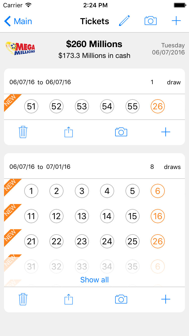 Lottery Ticket Scan & Share iOS application interface