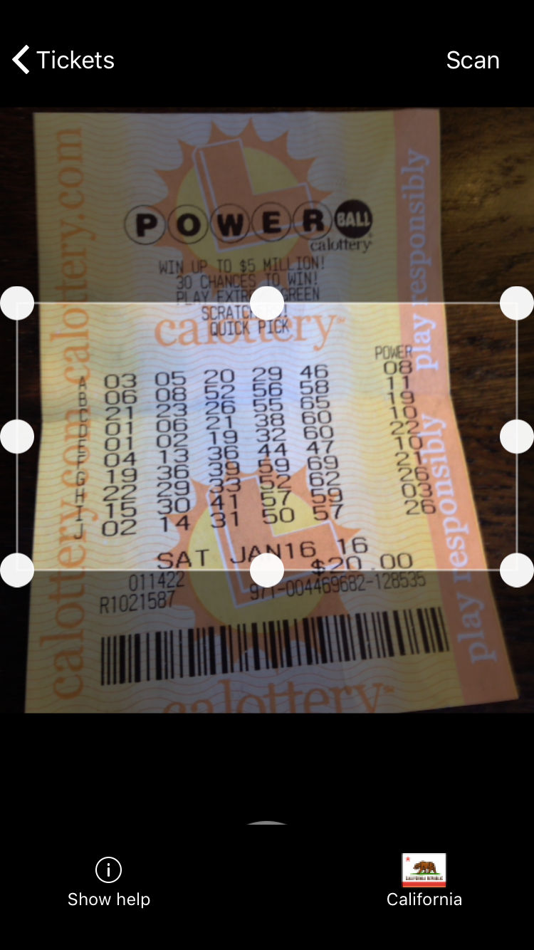 Lottery Ticket Scan & Share iOS application interface